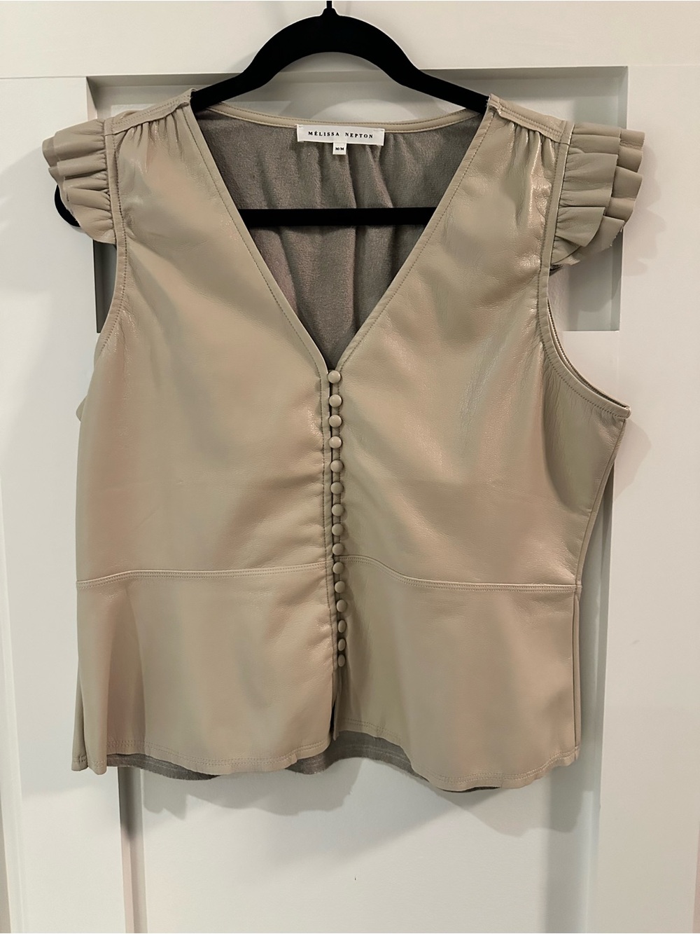 MELISSA NEPTON Dean Faux-Leather Button-Front Ruffled Cap Sleeve Top